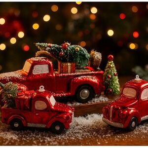 Set of 3 Red Christmas Pickup Trucks Ornaments Tree Gifts Snow Decor
